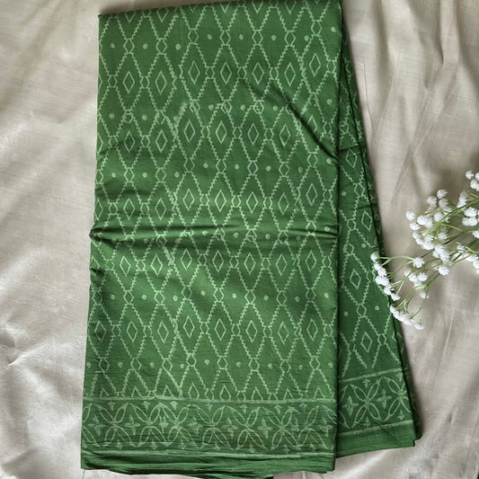 Mulmul Handprinted Green Saree