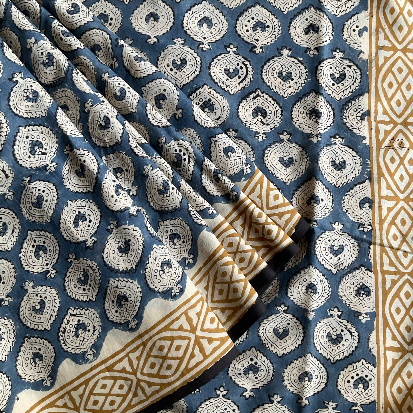 Mulmul Handprinted Blue Saree