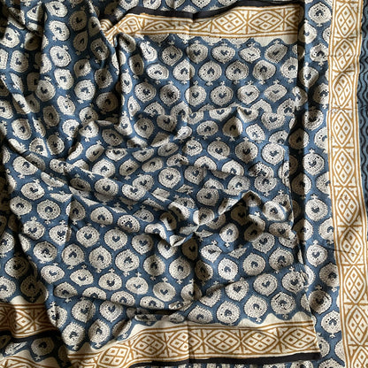 Mulmul Handprinted Blue Saree