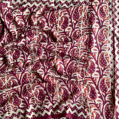 Mulmul Handprinted Maroon Saree