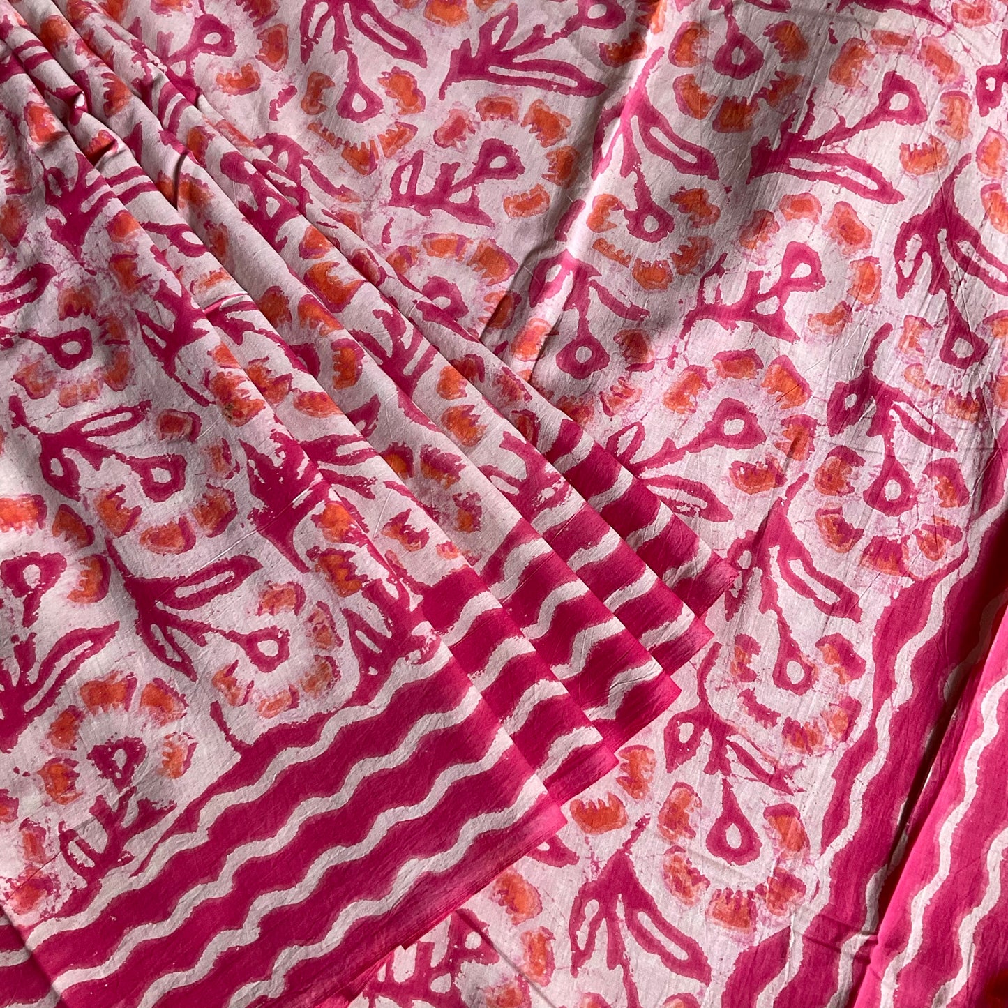 Mulmul Handprinted Pink Saree