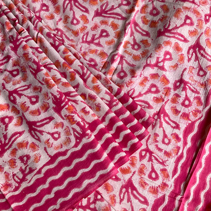 Mulmul Handprinted Pink Saree