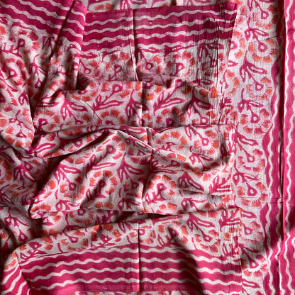 Mulmul Handprinted Pink Saree