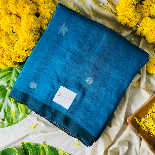 Pure Linen  Blue Saree