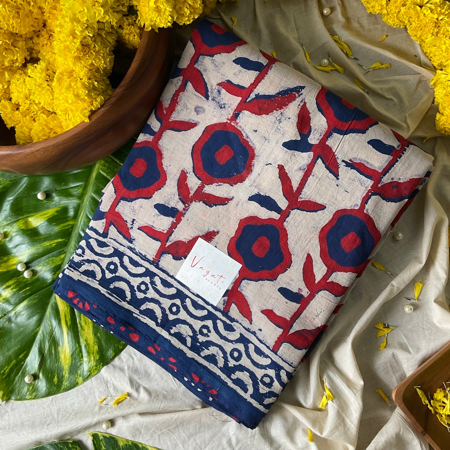 Mulmul Handprinted BlueRed Saree