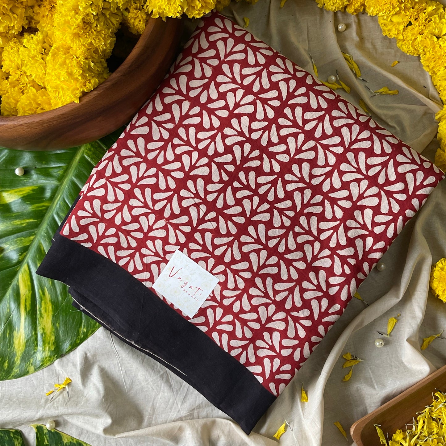 Mulmul Handprinted Red Saree