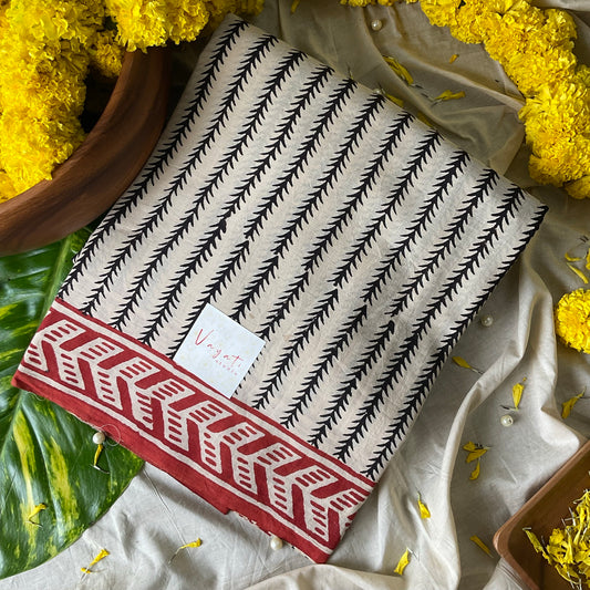 Mulmul Handprinted Cream Saree