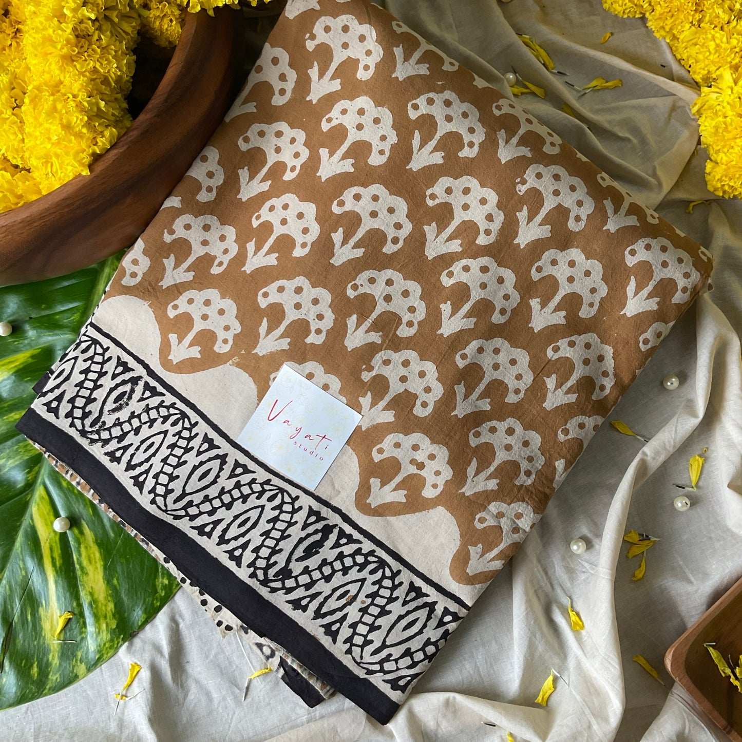 Mulmul Handprinted Mustard Saree