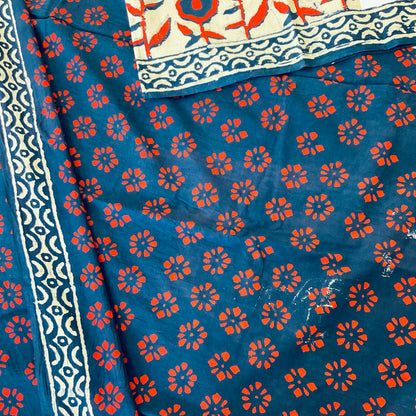 Mulmul Handprinted BlueRed Saree