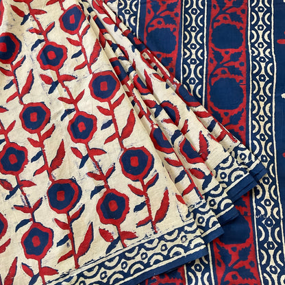 Mulmul Handprinted BlueRed Saree