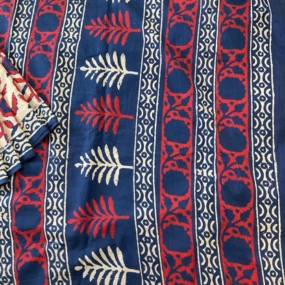 Mulmul Handprinted BlueRed Saree