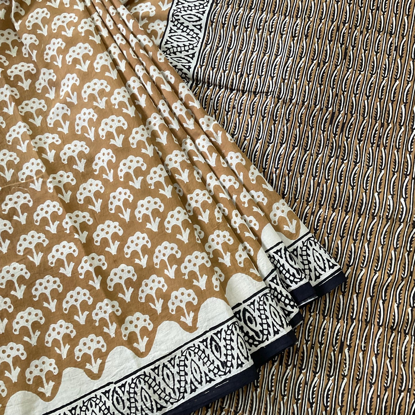 Mulmul Handprinted Mustard Saree