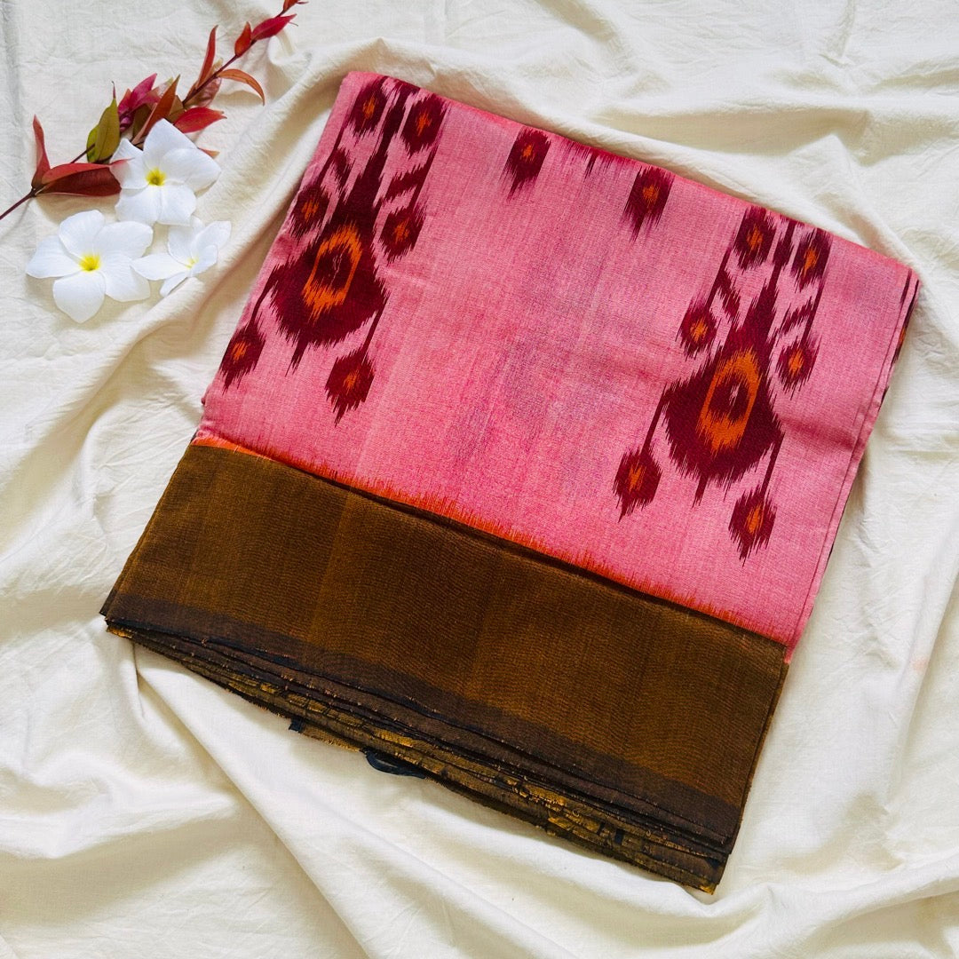 Ikkat Peach Handloom Saree