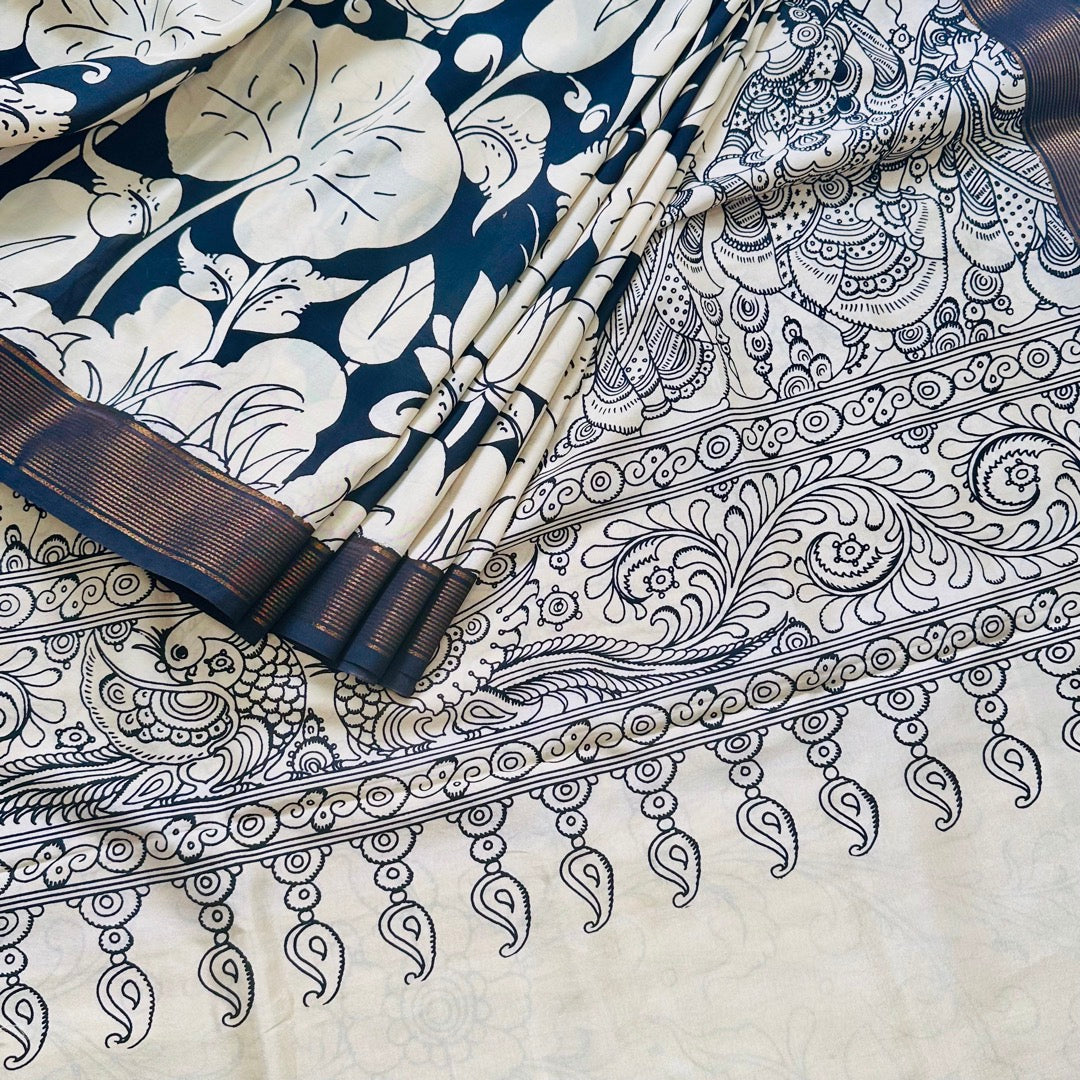 PenKalamkari Black white saree