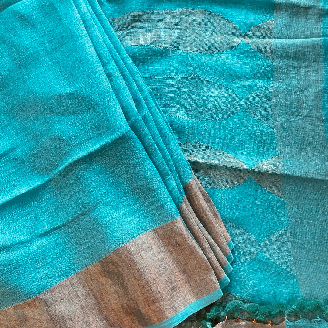 Linen Teal-Blue Saree