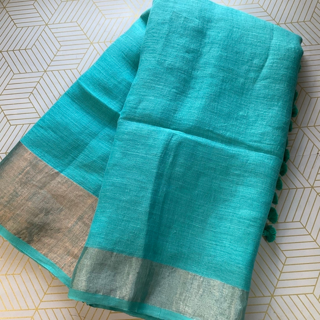 Linen Teal-Blue Saree