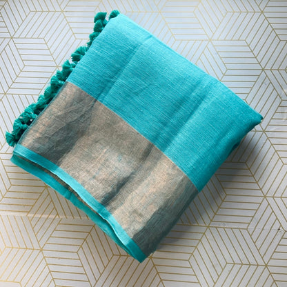 Linen Teal-Blue Saree