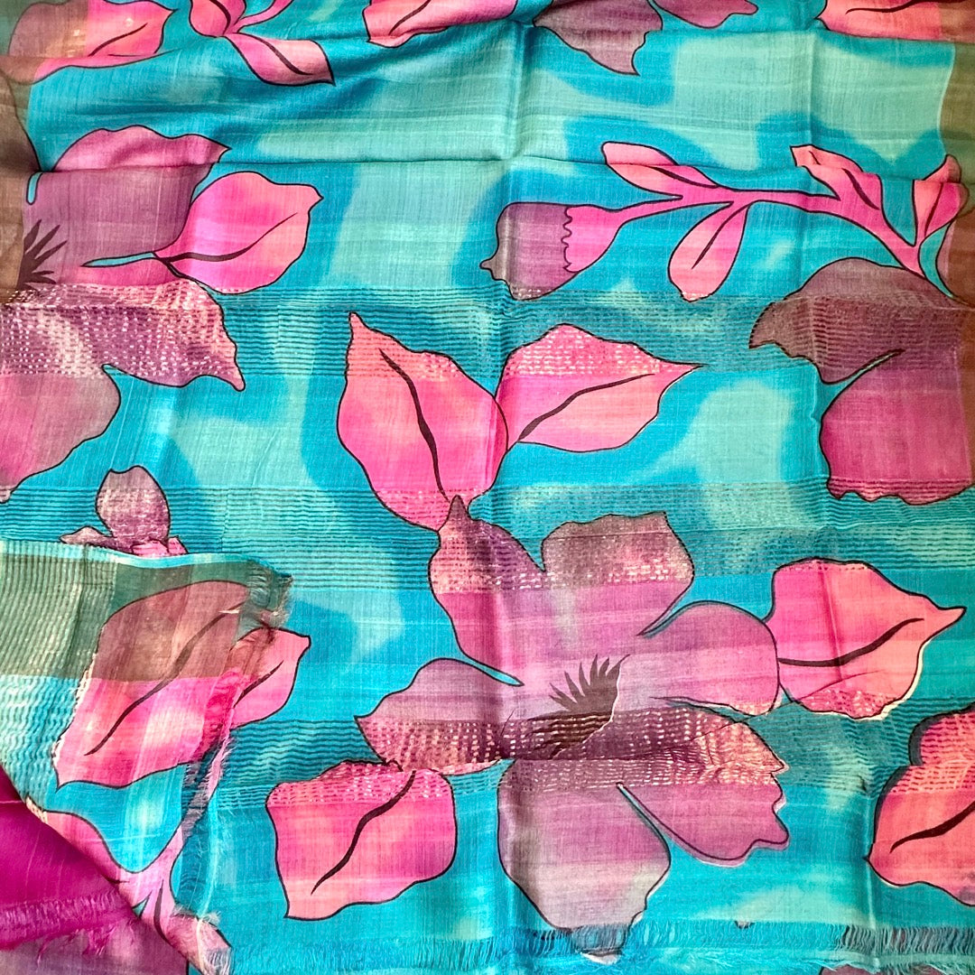 Tussar Blue Floral Saree