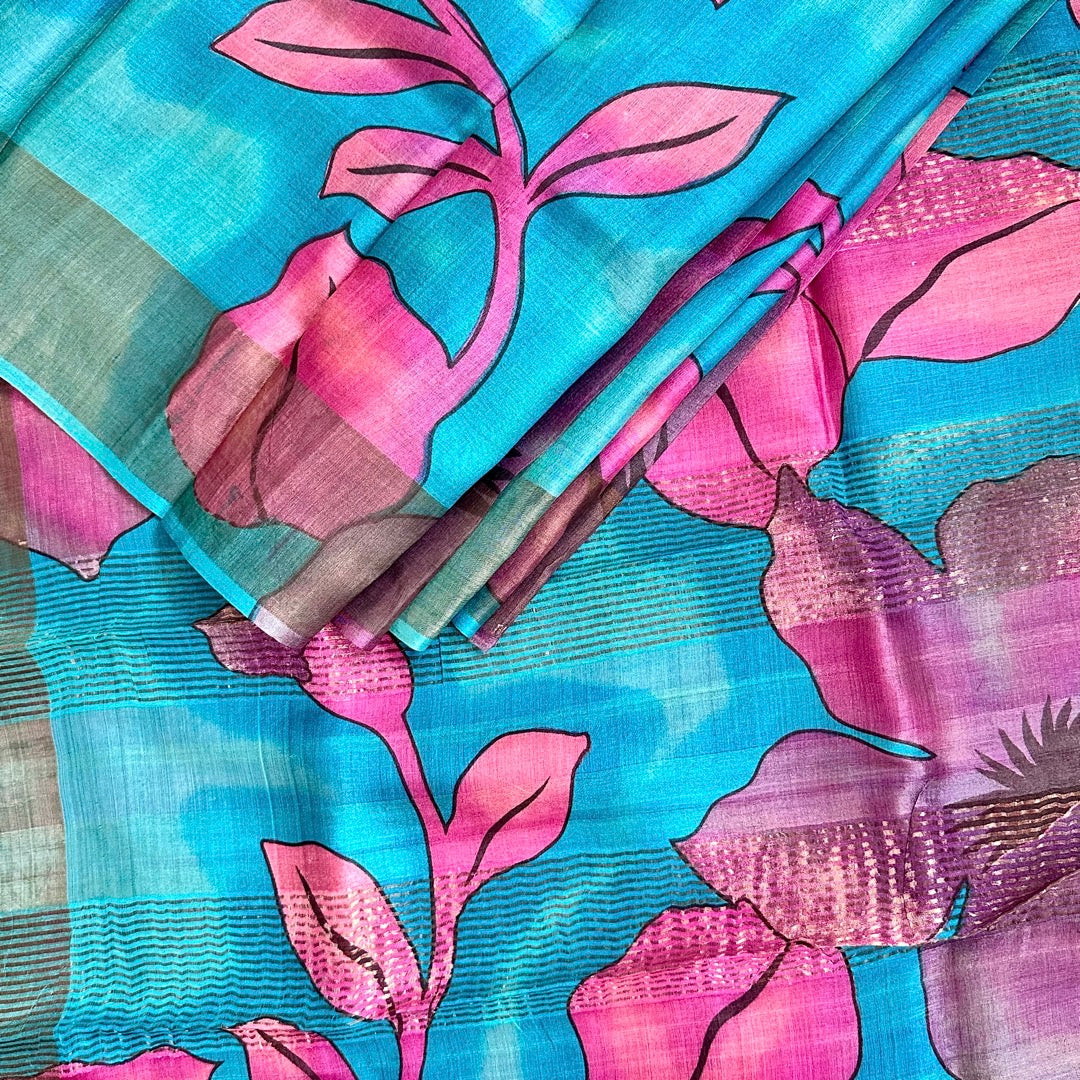 Tussar Blue Floral Saree