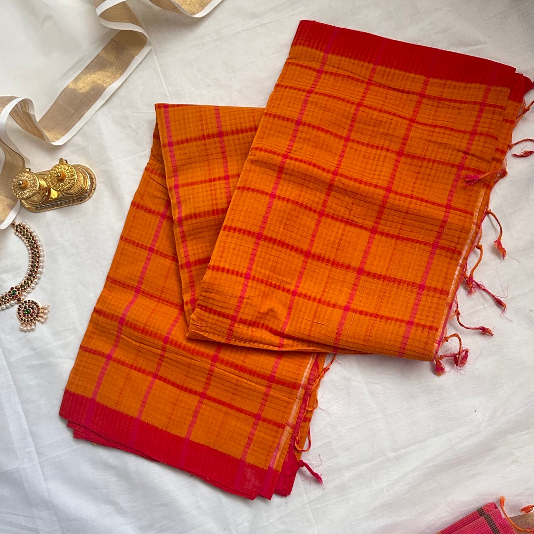 Mangalgiri Orange Cotton Saree- MCCH10