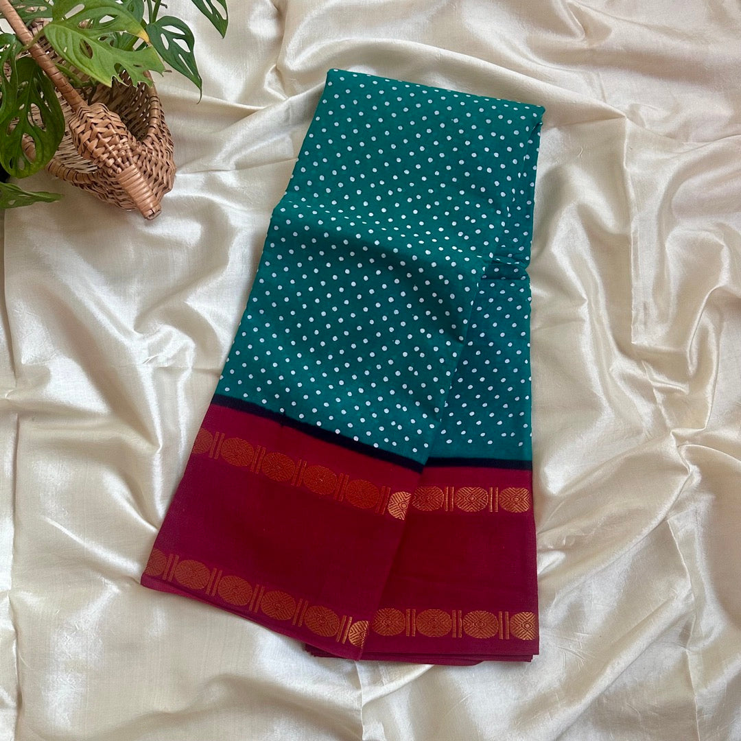 Sungudi Cotton TealGreenR Saree